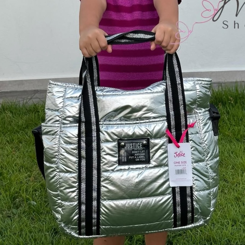 Justice Girls Puffy Silver Weekender Tote Bag